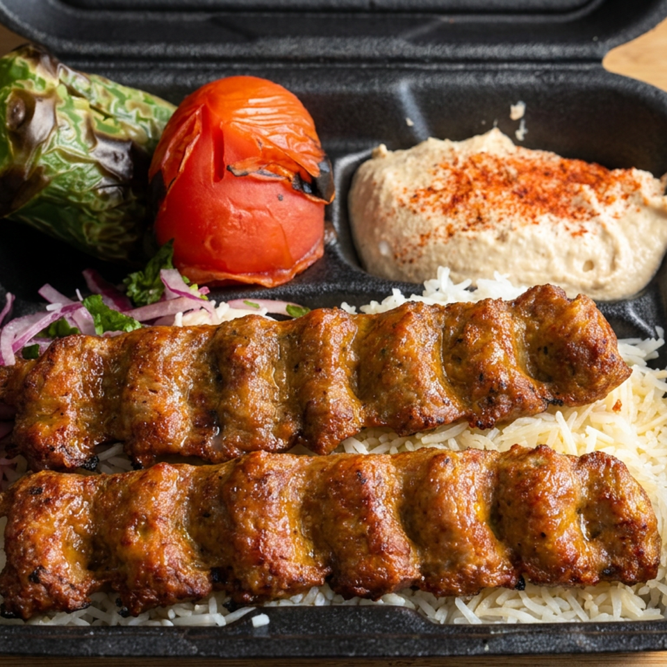 Two grilled kebabs served over basmati rice with roasted peppers, hummus, and sliced red onions in a takeout container.