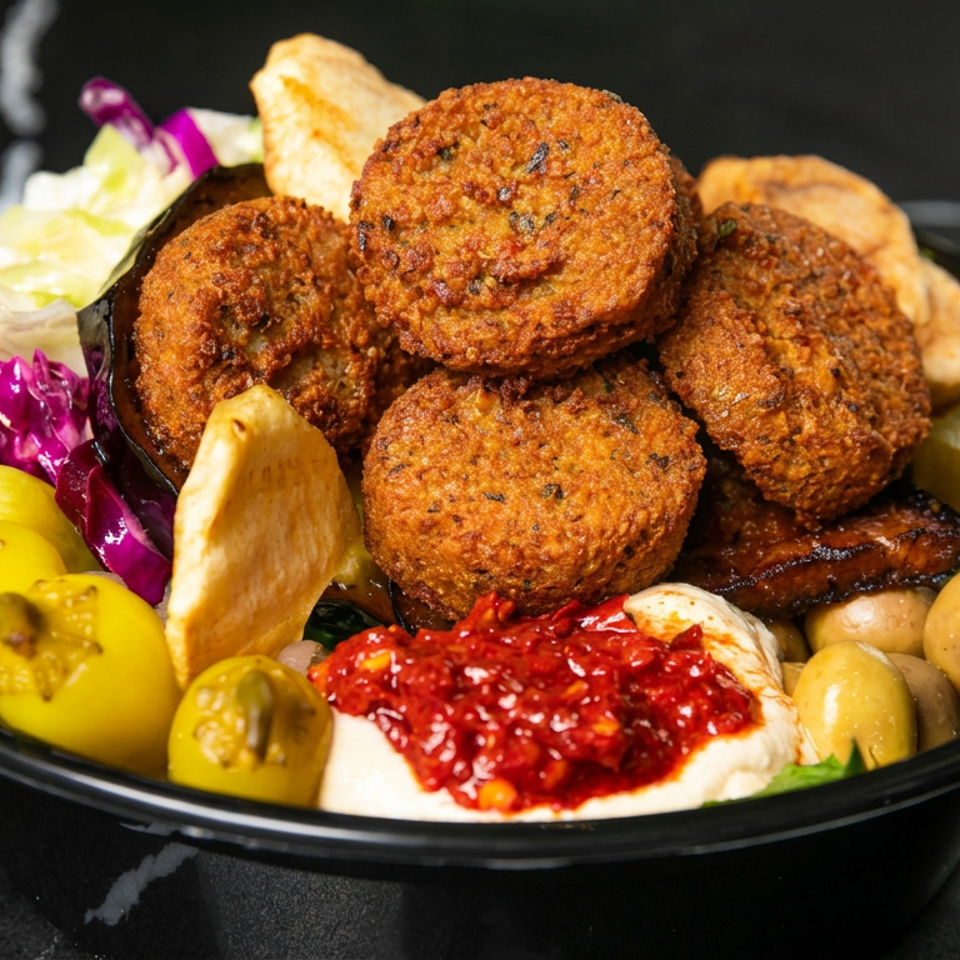 Mediterranean platter with falafel, hummus topped with red sauce, pickles, peppers, salad, olives, and pita.
